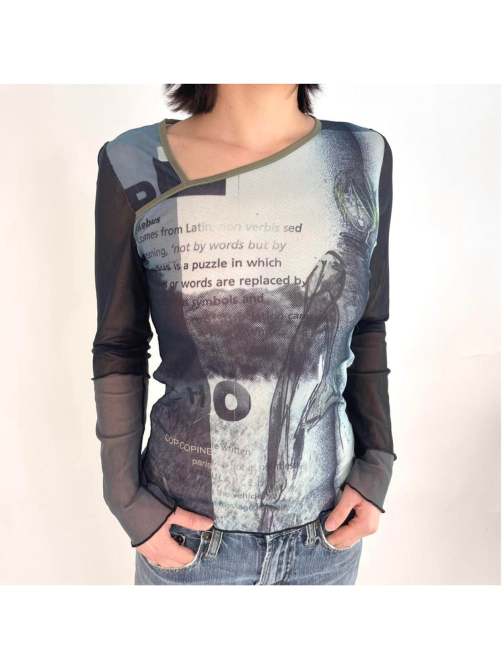 vintage Cop Copine asymmetrical mesh long sleeve top